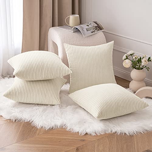 MIULEE Set of 4 CorduroyCushion Covers Soft Decorative Square Throw Pillow Covers for Spring Cushion Soft Pillowcase Striped Cushion Covers Pack of four for Home decor Sofa 18x18inch Cream - Image 3