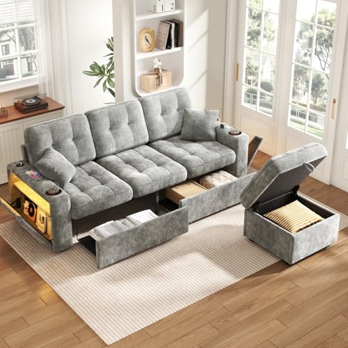 EURHCIO Canapé d'angle,Canapé 3 Places avec Pouf de Rangement(Gris foncé-C)