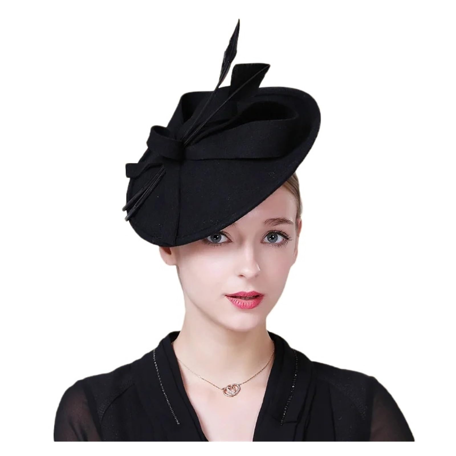 Cappello Da Sposa Eleganti cappelli in feltro nero for donna, da sposa con piume, cerimonia, a tamburello Per Le Donne