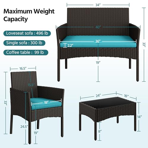 Yaheetech Patio Furniture Set 4 Pieces Conversation Sets, Rattan Chair Wicker Set Loveseat with Soft Cushion and Glass Table for Backyard Porch Garden Poolside Balcony, Brown and Cyan - Image 4