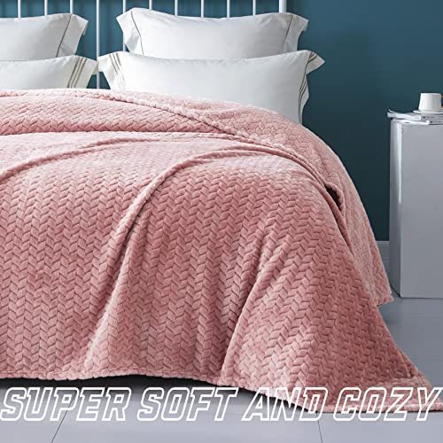 Exclusivo Mezcla King Size Flannel Fleece Blanket, 90X104 Inches Soft Jacquard Weave Leaves Pattern Velvet Plush Blanket For Bed, Cozy, Warm, Lightweight And Decorative Dusty Pink Blanket #TOP4