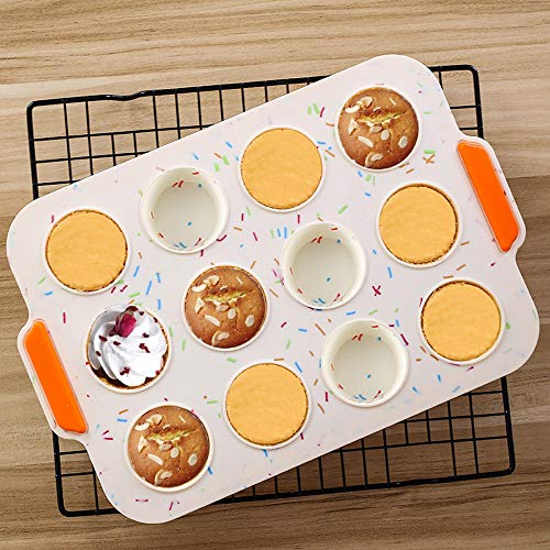 12 Grids Silicone Cake Mold Muffin Chocolate Pastry Baking Tray with Grips Non Stick Cupcake Pan Manual Kitchen Baking Maker for Party Festival, Dishwasher/Microwave/Oven Safe
