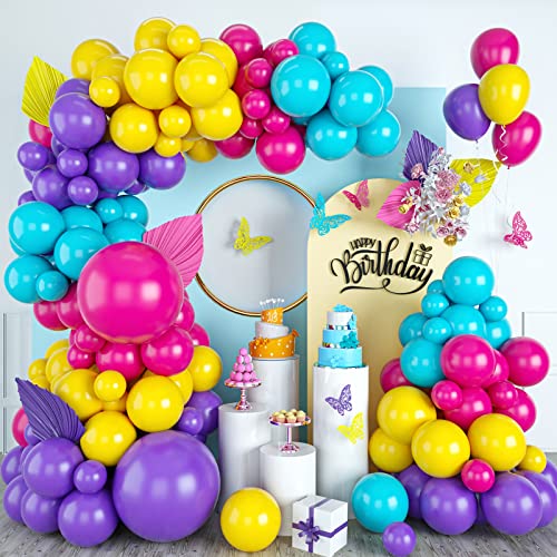 Kit de Guirlande de Ballon, Décorations Ballon Arch Kit en Rose Vif Violet Bleu Jaune en Latex ballons de Fête pour Décoration d'anniversaire Mariage Baby Shower fiançailles Fournitures de Fête Cover