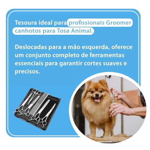Conjunto 4 Tesouras Pet com Pente e Pinça Groomer Canhotos para Tosa ANIMAUX (6 Peças) (Preto)
