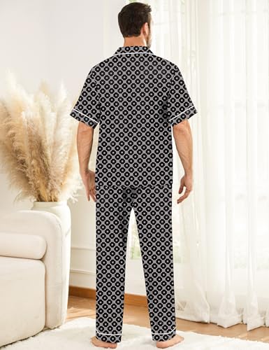 Image of SWOMOG Mens Silk Pajamas Set Satin Pj Set Short Sleeve Sleepwear Button Down Lounge Set with Drawstring & Pockets S-3XL