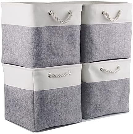 Mangata Fabric Storage Basket, Canvas Cube Storage Boxes 13 x 13 inch for Cupboards, Shelves, Closet, Grey White33x33x33cm, 3 Pack
