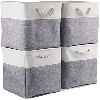 Mangata Fabric Storage Basket, Canvas Cube Storage Boxes 13 x 13 inch for Cupboards, Shelves, Closet, Grey White33x33x33cm, 3 Pack
