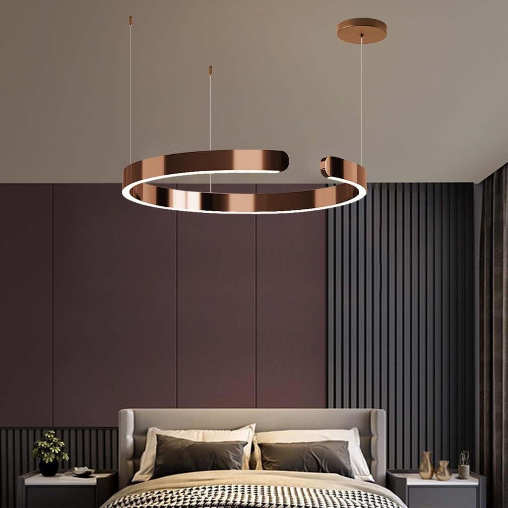 Lampa Wisząca LED Z Pierścieniem Schody Nowoczesna Funkcją Ściemniania Salonu Metalowa Ocynkowana Lampa Regulacją Wysokości Do Stołu Jadalnego Sypialnia Kuchnia Salon(Rose gold,60cm)
