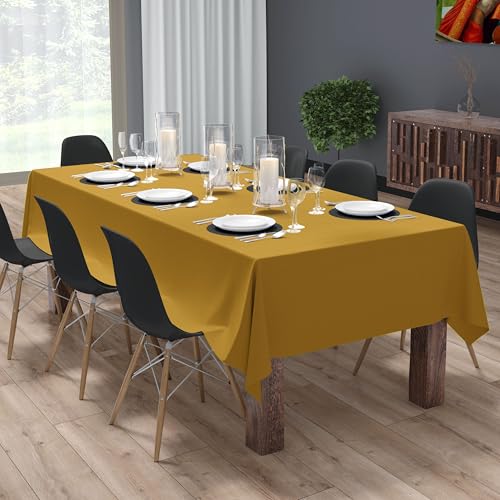 Image of HOME COLORS.IN Cotton Plain 8 Seater Table Cover - Machine Washable - Durable - Dining Table Cloth - 60 x 96 Inch - Reef Gold