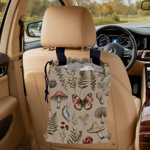 Image of Retro Mushrooms Car Trash Bag,Nature Woodland Strap Drawstring Car Garbage Bags,Car Back Seat Organizer with Adjustable Buckle for Car Accessories