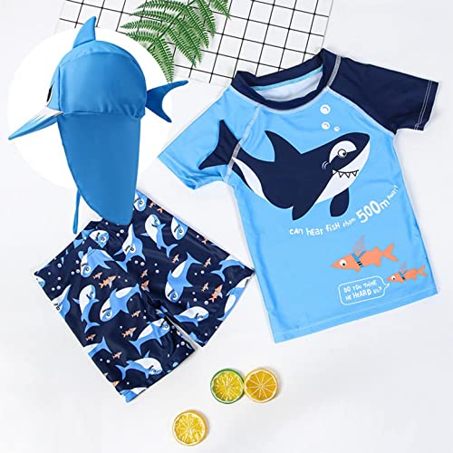 Baby Boys Cartoon Shark Two Pieces Swimsuit Bathing Suits Little Kids Swimwear Rashguard T-Shirt+Boyshort With Hat Cover Up (White, 2-3 Years Old) #TOP5