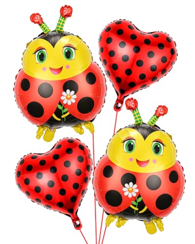 Ladybug Foil Balloons Set, 4 Pcs, 26" Ladybug & 18" Heart Mylar Balloons