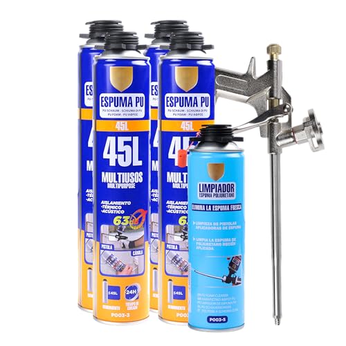 Set Completo de Espuma de Poliuretano   Incluye 1 Pistola de Espuma Poliuretano, 4 Botes Espuma Poliuretano 750ml y 1 Limpiador de Espuma 500ml