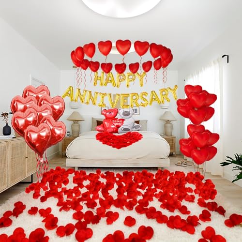 Image of Happy Anniversary Decorations,Romantic Love Wedding anniversary Balloons Set For Husband Wife Boyfriend Girlfriend Couple With Happy Anniversary Banner,Red Rose,Big Love-bear Heart Balloons