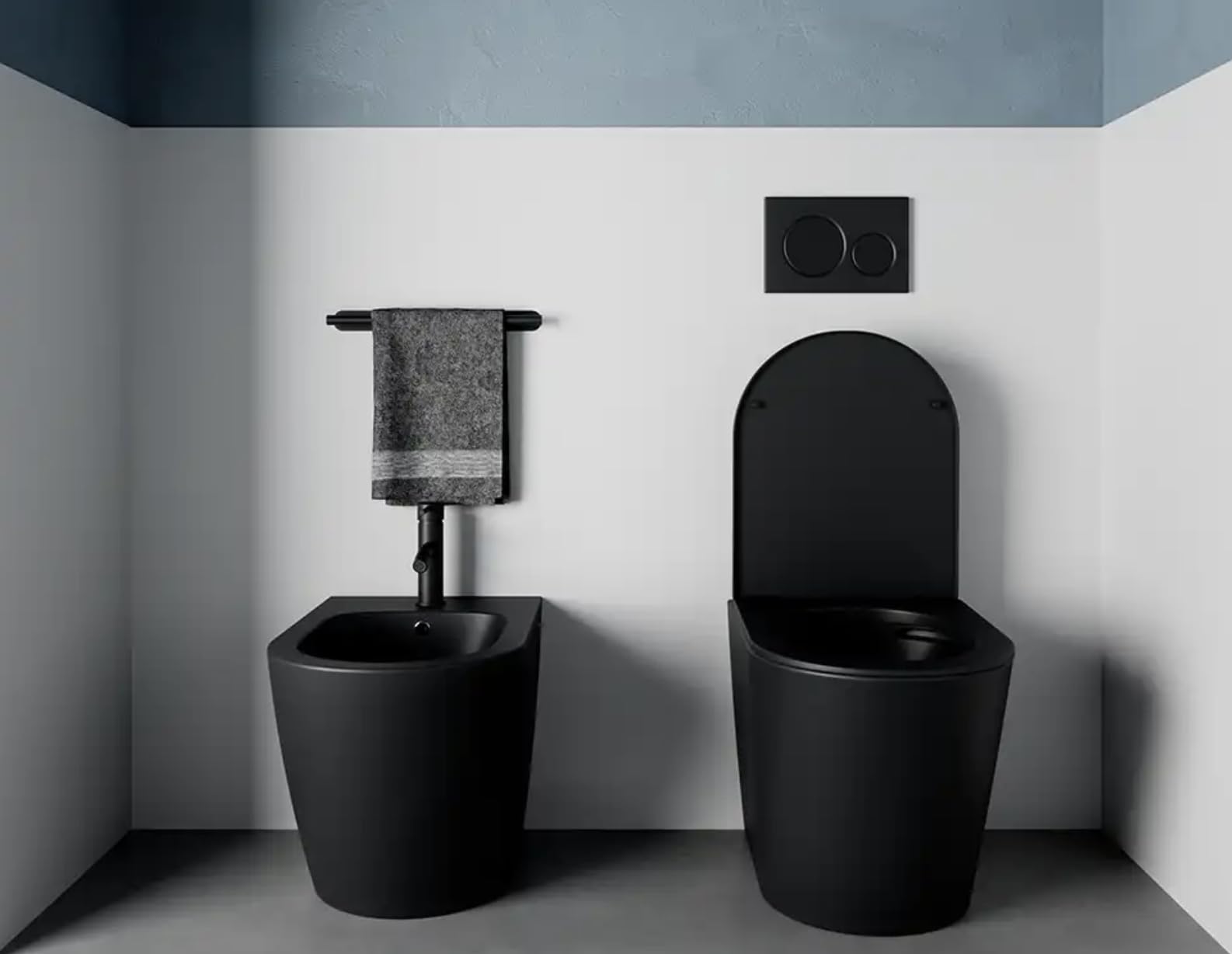 Sanitari filomuro in ceramica rimless bianco lucido: vaso, bidet e copriwc soft-close Aquamarine (NERO OPACO)