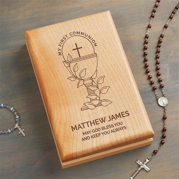 Personalization Universe First Communion Icons Personalized Valet Box- Customizable Jewelry or Trinket Box with Cross Icon, Felt-Lined Storage for Rosary Beads and Keepsakes, 1st Communion Gift