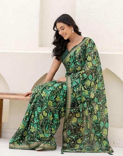 Image of SIRIL Women's Chiffon Printed Saree With Unstitched Blouse Piece