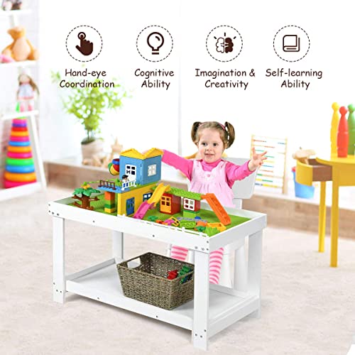 Costzon 2 In 1 Kids Activity Table W/Storage, Building Block Table W/Board For Bricks Crafts Arts Draw, Children Solid Wood Play Table Desk For Playroom, Preschool Toddler Boys & Girls Gift (White) #TOP3