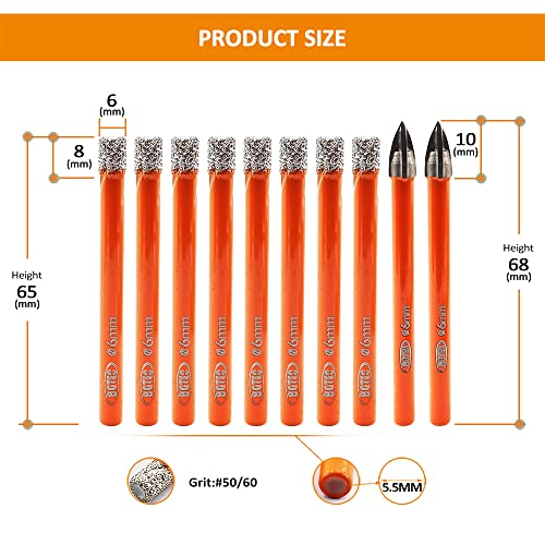 BGTEC Dry Diamond Drill Bits Set - 8pcs 6mm Tile Drill Bits and 2pcs 6mm Carbide Drill for Granite Marble Porcelain Ceramic - Image 2