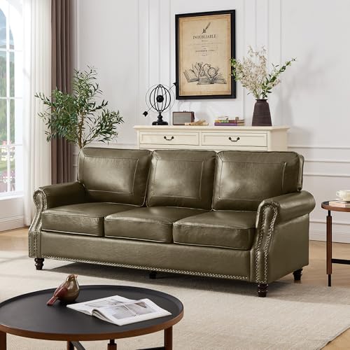 Image of Kingfun Mid-Century Modern Couch, Faux Leather Sofa, 3 Seater Couch for Living Room with Rolled arms & Nailhead Trim, Olive Green