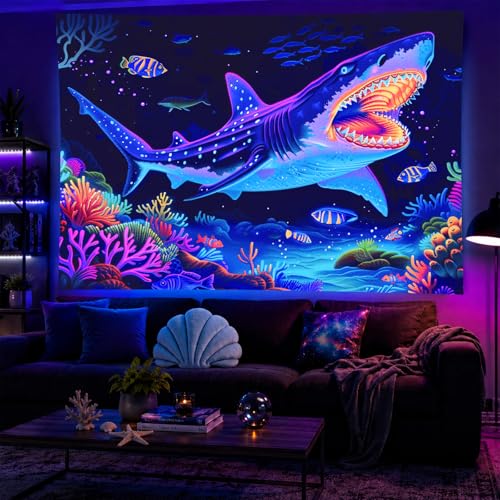 Image of BlissYard Blacklight Shark Tapestry Glow In The Dark UV Reactive Wall Hanging With Neon Underwater Ocean Scene Psychedelic Black Light Tapestries For Bedroom Party Decor 78x59 Inch