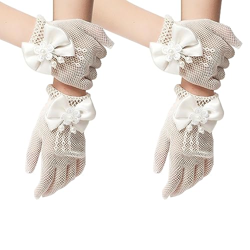 Asaisimg 2 Paar Mädchen weiße Handschuhe für Erstkommunion, Prinzessin, Tee-Party, Hochzeitsparty, kurze Kinder Größe Blume Mädchen Pageant Spitze Handschuhe