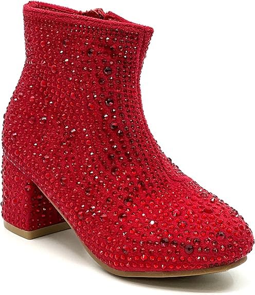 Forever Girls Rhinestone Boots Kids Low Heel Dress Booties Iceberg-12K Shoes Red Rhinestone 2