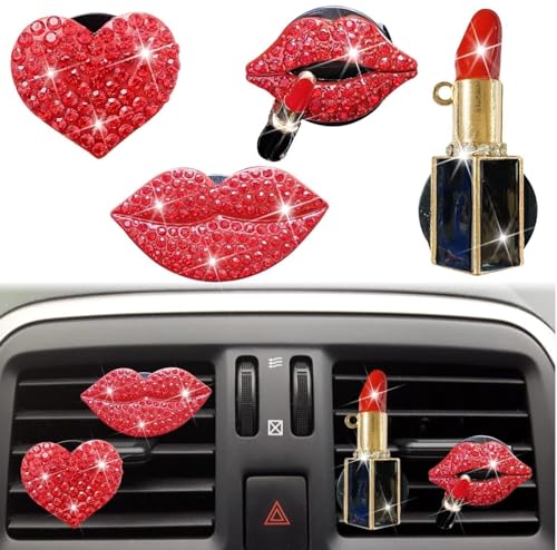 Image of 5 Pcs Bling Red Lips Air Vent Clips, Heart Shape Crystal Car Air Vent Clip Charms Car Air Fresheners for Women Rhinestone Diffuser Vent Clip Cute Car Decor Bling Cars Accessories,Interior Accessories