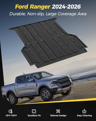 Image of 3W Truck Bed Mat for Ford Ranger (5FT, 59.6 inch Bed) 2024-2026 Vehicle Bed Mat, Vehicle Bed Mat Custom Fit Flush All Weather Protection TPE Pickup Car Bed Cargo Trunk Liner for Ranger