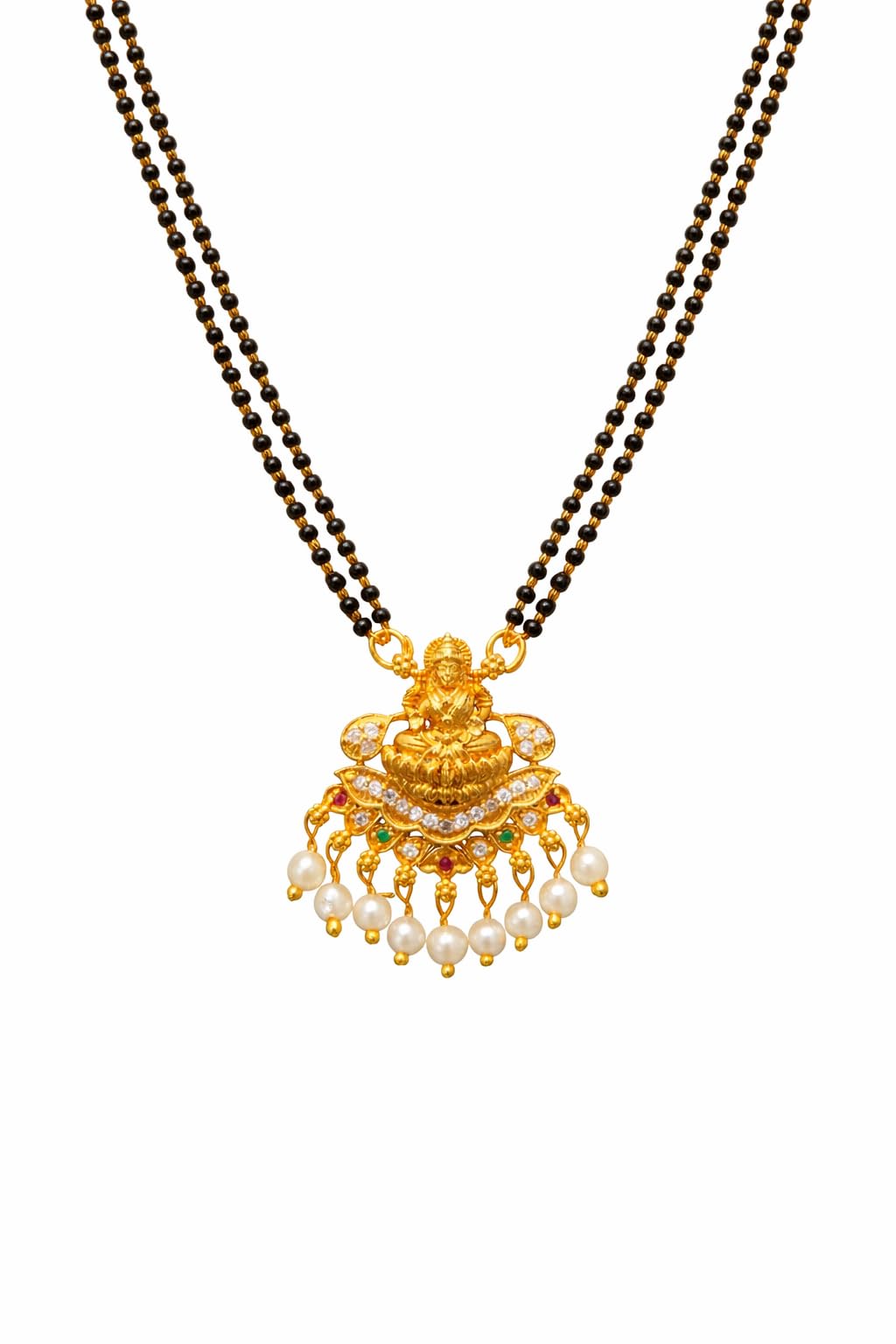 Gold Plated Mangalsutra for Women | Temple Lakshmi Pendant with Double Black Bead Chain & Pearl Drops | Traditional Daily Wear Ethnic Jewellery-image-34