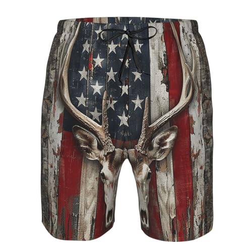 Men's Quick Dry Swim Shorts Deer Skull Old Wooden American Flag Vintage Beach Trunks with Pockets3