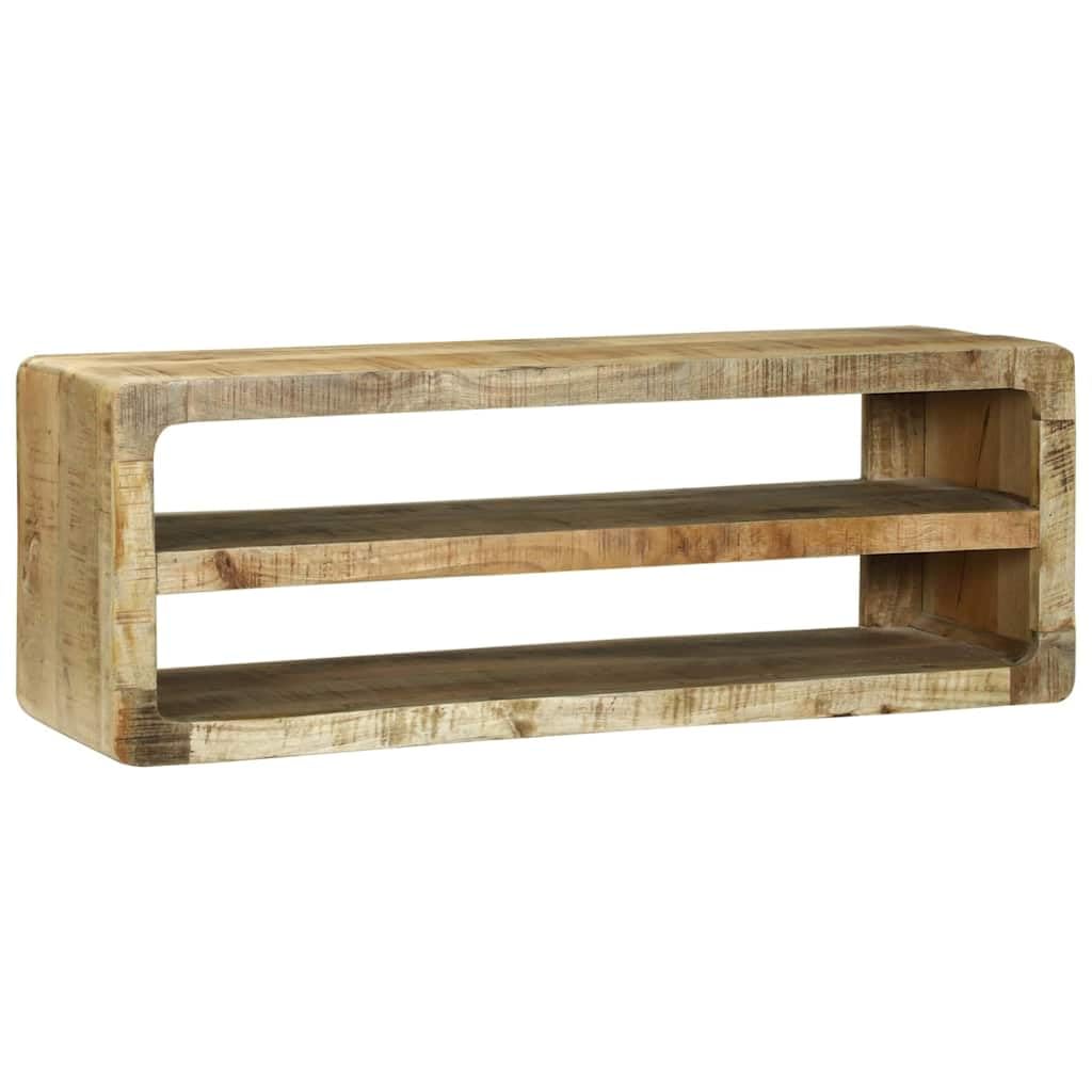 Mueble bajo para TV (madera maciza, mango marrón, 100 x 32 x 36 cm) | Mueble bajo resistente para sala de estar con dos compartimentos abiertos para dispositivos multimedia y decoración.
