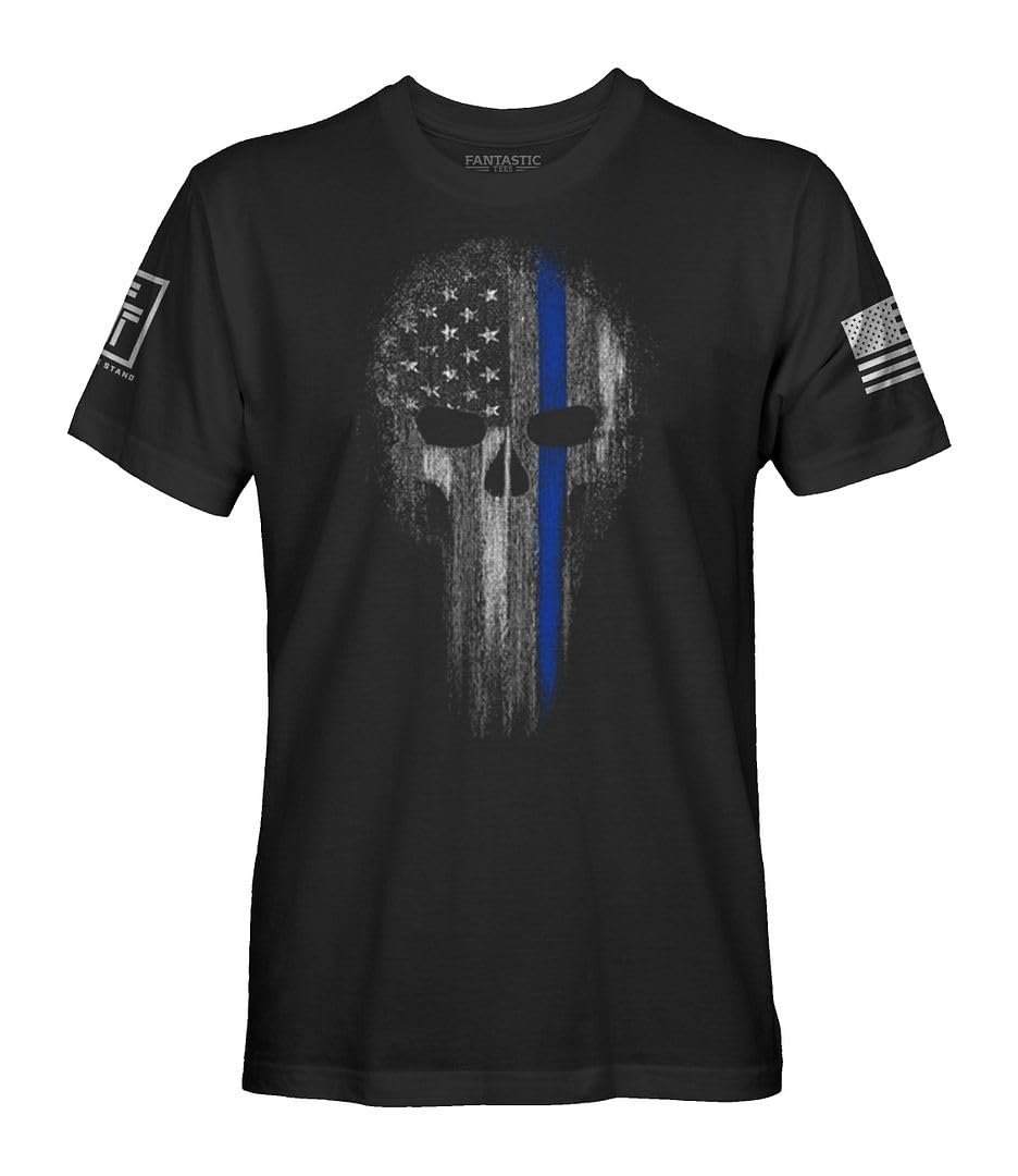 Thin Blue Line Police Support Patriotic Skull T-Shirt