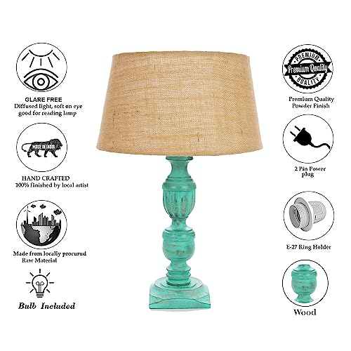 Image of Homesake Handcrafted Wooden Table Lamp for Living Room & Bedroom | Bedside Rustic Algae French Table Lamp with Fabric Jute Shade | Included Bulb | Decorative Wooden Night Lamp for Home Decor, Beige