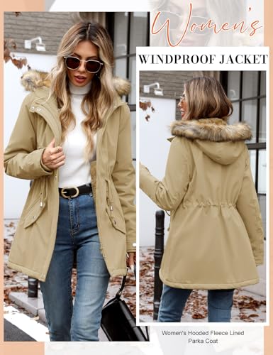 Vijamiy Winterparka Damen Warm Gefüttert Fleece Winterjacke Wasserdicht Wintermantel Winddicht Kapuzenmantel Mit Fell Lange parka(Khaki,S)