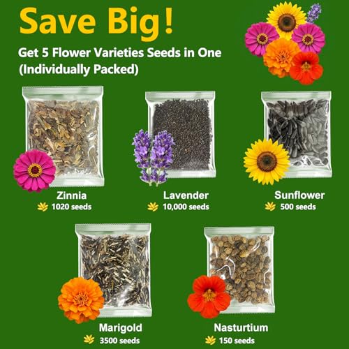LUOJIBIE 5 Varieties Flower Seeds in Individual Packs, Includes Zinnia, Lavender, Sunflower, Marigold Nasturtium, 15,000+ High Germination Non-GMO Seeds for Planting Indoor Outdoor, Open Pollinated — view 2