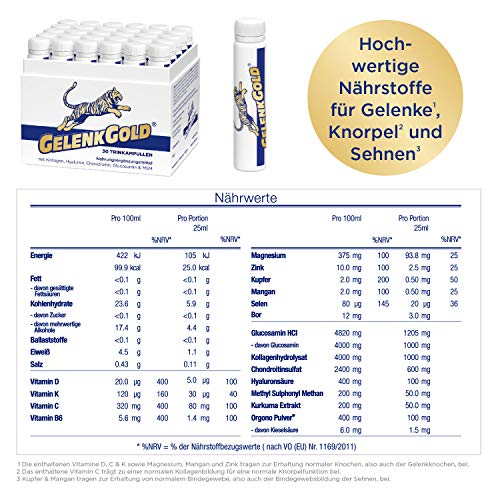 GelenkGold Gelenk-Ampullen 30 Kollagen Trinkampullen á 25ml, Collagen Drink mit Hyaluronsäure für Gelenke Knorpel und Sehnen