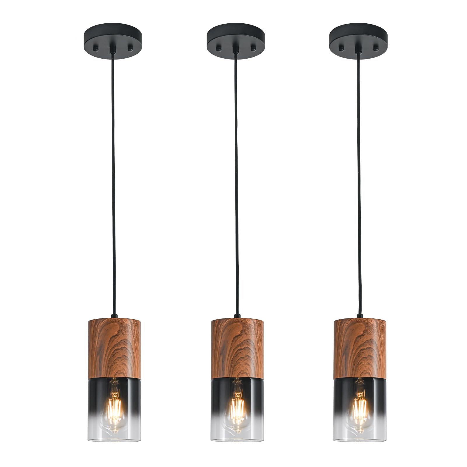 3-Pack Modern Pendant Lights for Kitchen Island, Adjustable Black Pendant Light Fixtures with Brown Wood Grain, Industrial Glass Pendant Lights for Dining Table Hallway Bedroom Living Room