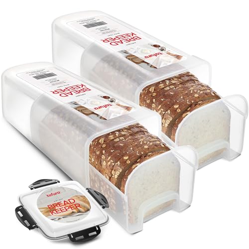 Listado de Soportes para paños de cocina Top 10. 47 Tafura - Contenedor de almacenamiento para pan, paquete de 2 cajas de pan de plástico sin BPA con bandeja ingeniosa, contenedor hermético/soporte para panes caseros y productos...