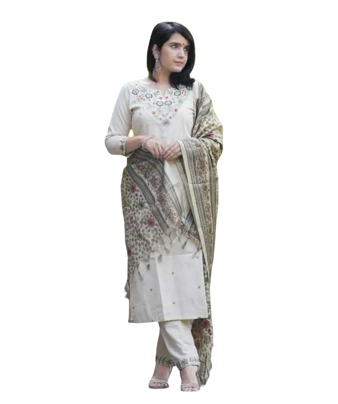 Women's Printed Kurta Pant Dupatta Set, Cotton Blend, Off-White with Floral Embroidery, 3 Piece Ethnic Wear