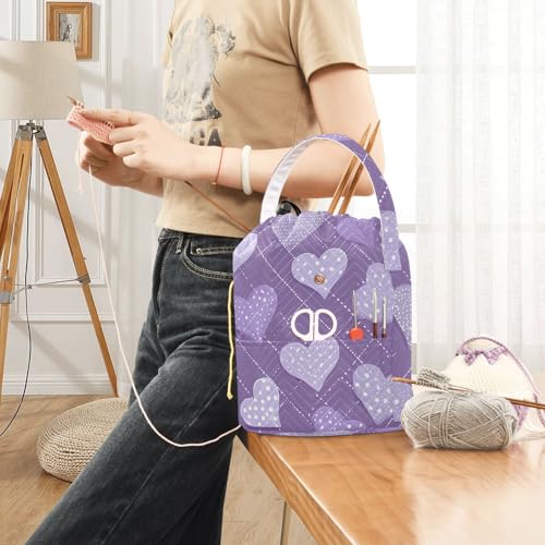Image of Tatenale Crochet Bag Yarn Bag Knitting Project Bag with Pockets and Handle Portable Yarn Storage Organizer Tangle Free 8.3x11 Inch Lavender Romantic Hearts Valentines Gifts