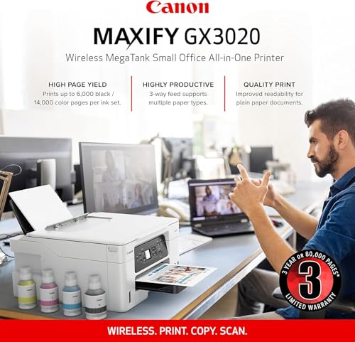 Image of Canon MAXIFY GX3020 MegaTank MFP Color Printer for Home Office, Small Business, Reports, Labels and Efficient Wireless Printing (5777C002) + Printer Cable + Cleaning Kit + More (9pc Bundle)