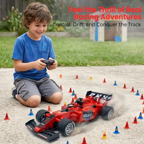 Image of WireScorts Rechargeable High Speed F1 Formula Racing Car with Smoke Spray and Lights for Kids, RC Car for 4-15 Years Old Boys, Racing Car for Kids, Smoke Mist Spray & LED Lights - Red