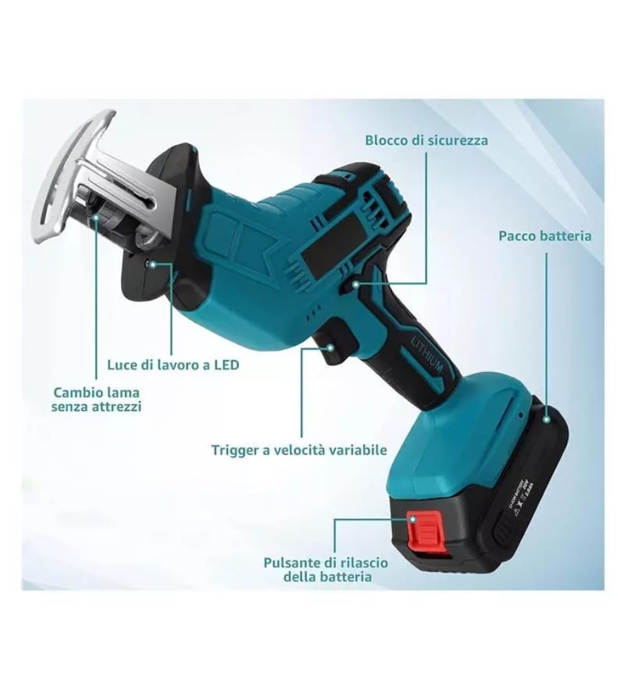 Sega a Gattuccio, Seghetto Portatile a Batteria, Motore Brushless da 2800 SPM, Doppia Batteria 48V, Set di 4 lame versatili, Valigetta