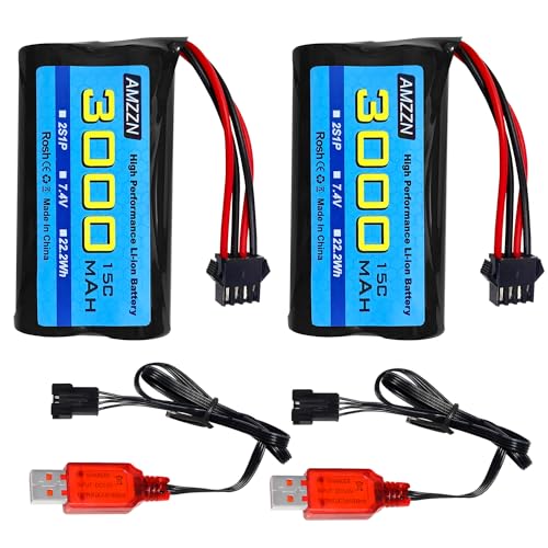 ZYGY Lot 2 Batteries Li-ion 7.4V 3000mAh 15C – Prise SM-4P, Câble USB, Compatible EC08 DE85, RC Camions Bateaux, Léger 100g
