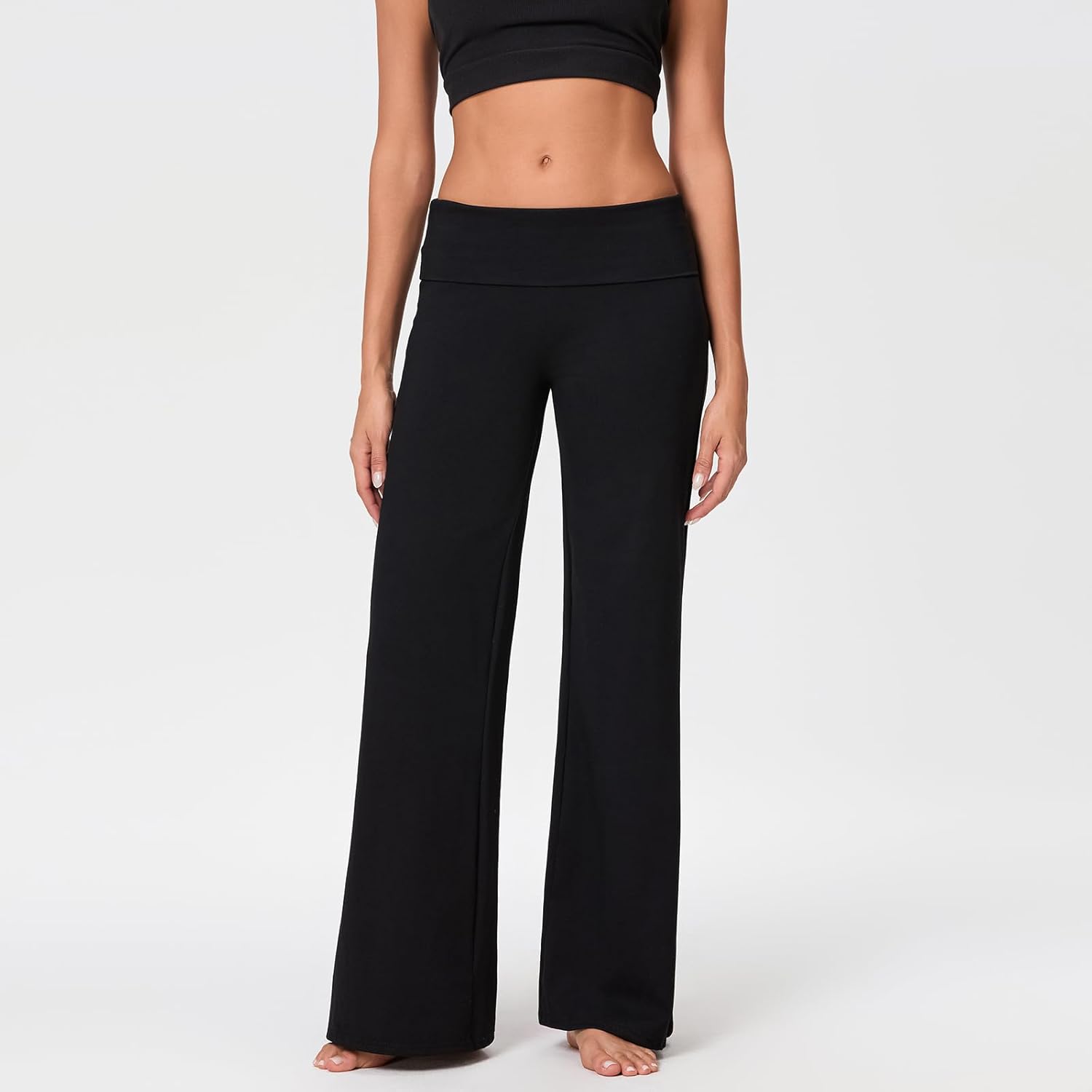 Women’s Fold Over Yoga Pants Low Rise Lounge Flare Sweatpants Foldover Leggings - Image 2