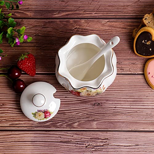 Ceramics Vintage Red Floral Sugar Bowl Saltbox Spice Jar Seasoning Box With Lid And Spoon 8Oz White #TOP3