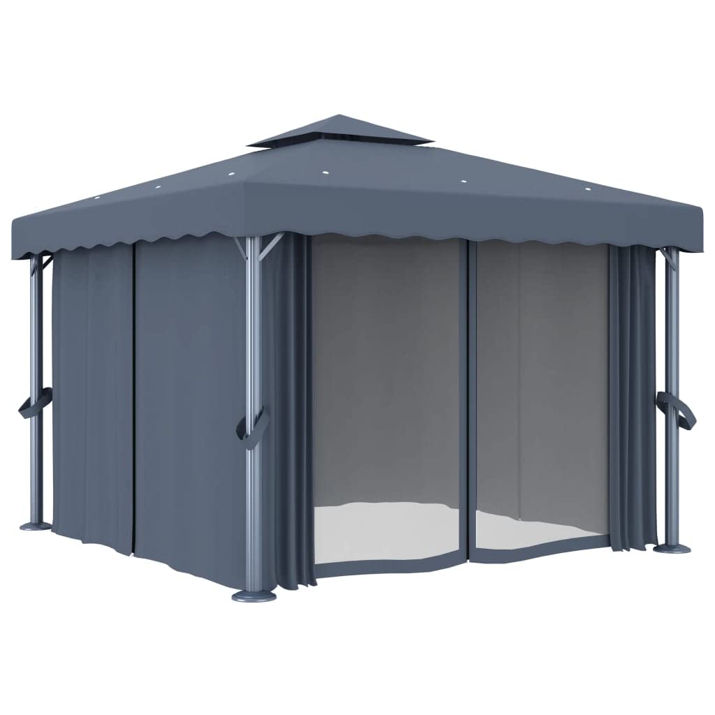 Pawilon z zasłonami i łańcuchem świetlnym LED, 3 x 3 m, antracyt, aluminiowa rama, poliester z powłoką PA, namiot ogrodowy na taras, imprezy ogrodowe, grillowanie, odporny na warunki
