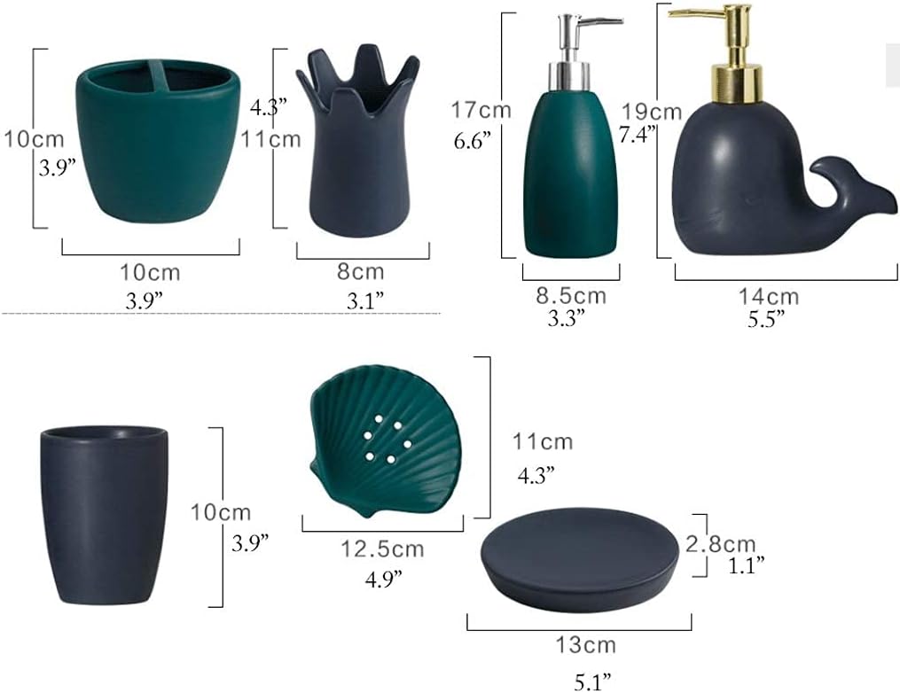 Soap Dispenser Decoration Bath Accessory Set 5 Piece Ceramic Bath Accessory Set Includes Liquid Soap or Lotion Dispenser Kids Whale Bathroom Design Blue (Color: Navy Blue A) Soap Dispenser
