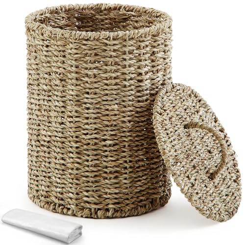 Image of Ctosree 1.3 Gallons Small Trash Can with Lid Handle Boho Woven Braided Bathroom Waste Basket Trash Can with 100 Garbage Bags for Bedroom Office Laundry(Primary Color,Braided Straw Rope,Round)
